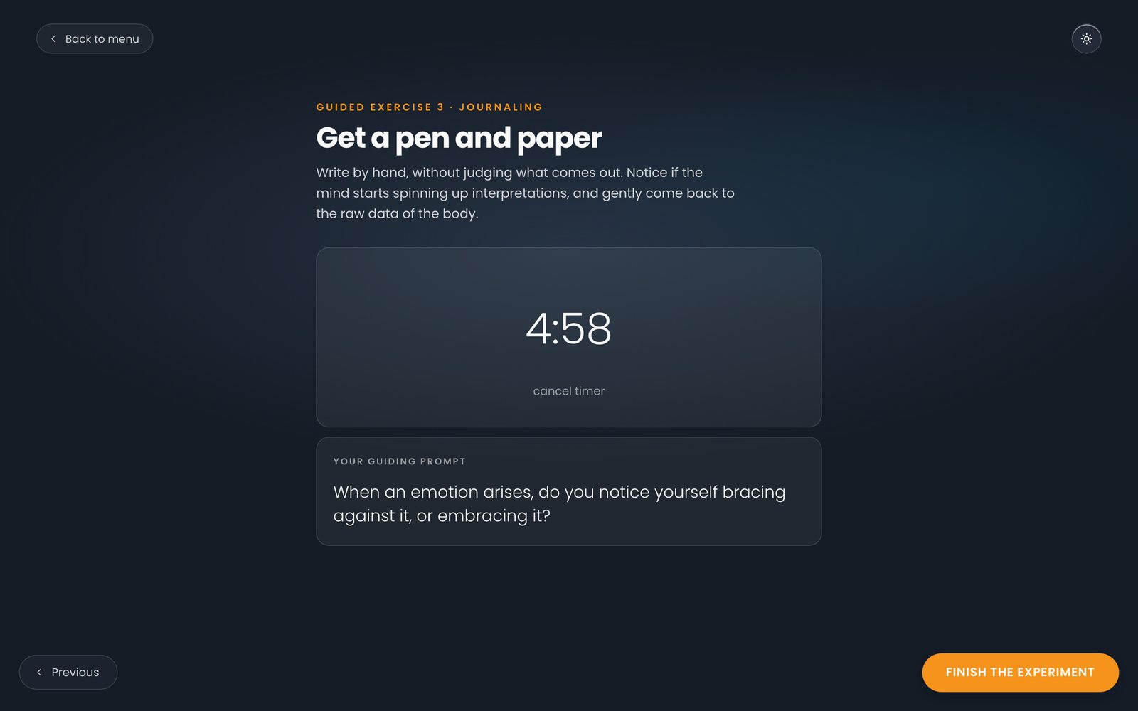 Exercise three, journaling with the five-minute timer running, on a laptop